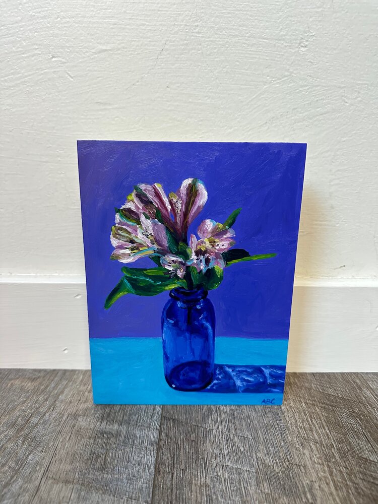 Flowers in a Blue Bottle - 6x8 - oil on panel