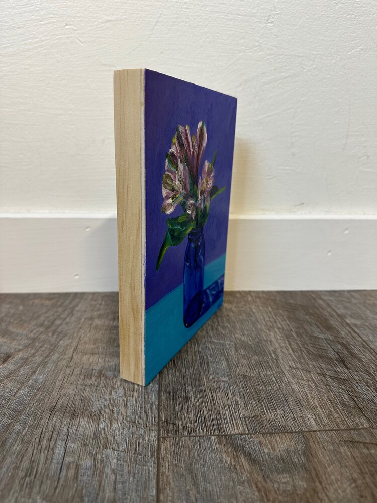 Flowers in a Blue Bottle - 6x8 - oil on panel