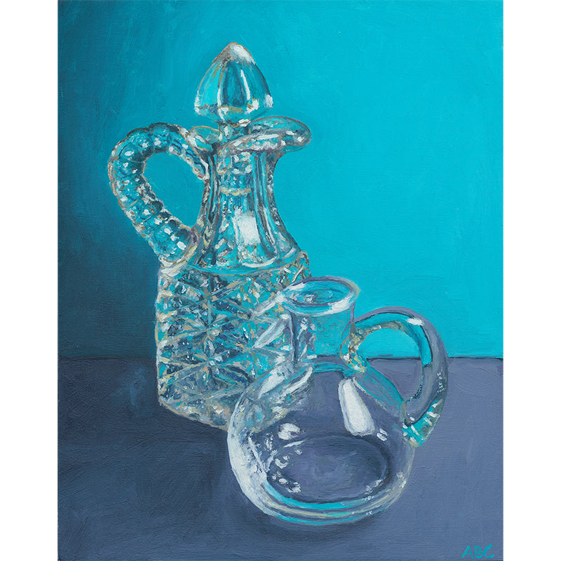 Original oil painting of antique glass bottles.