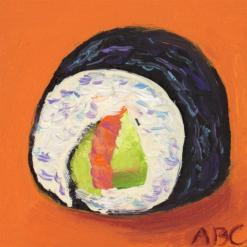 Original oil painting of a little sushi roll.