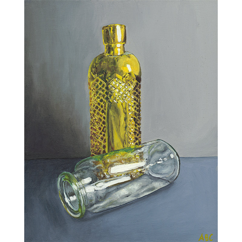 Original oil painting of antique glass bottles.