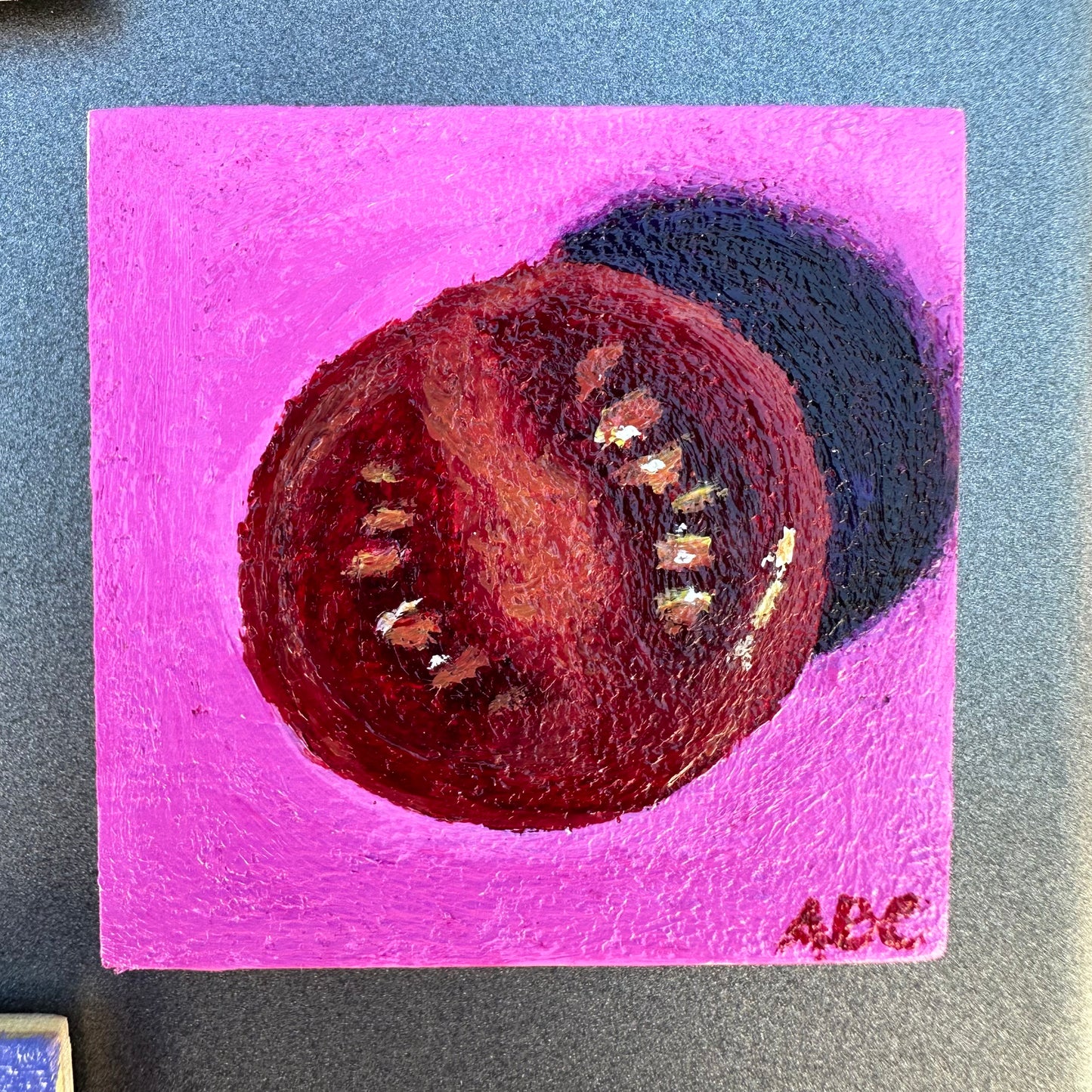 Teeny Tomato - 2x2 - oil on panel - magnet oil painting