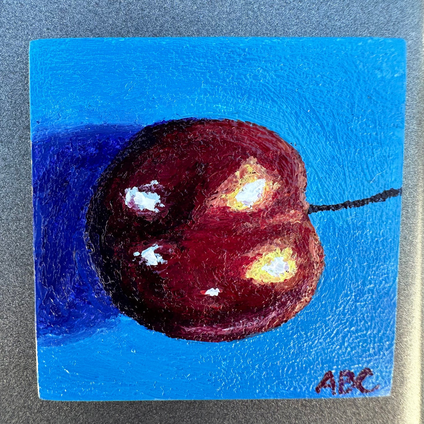 Teeny Cherry - 2x2 - oil on panel - magnet oil painting