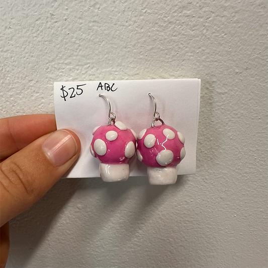 cute pink mushroom polymer clay earrings