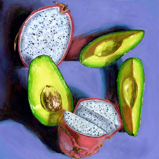 Original oil painting of Dragon fruits and Avocados.