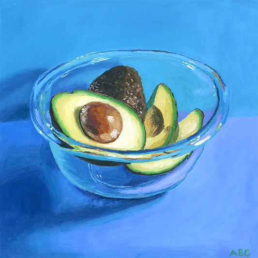 Fine art print of avocado bowl oil painting.