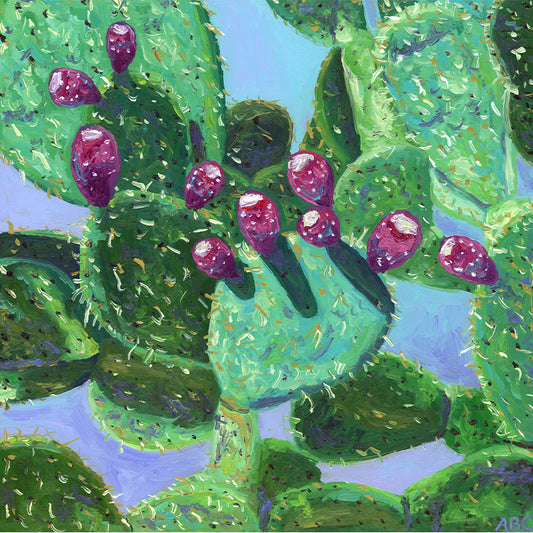 Original oil painting of a cactus with pink prickly pears.