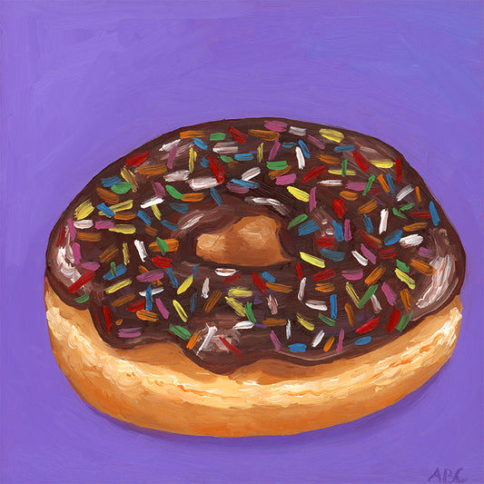 Fine art print of Chocolate Donut on Purple oil painting.