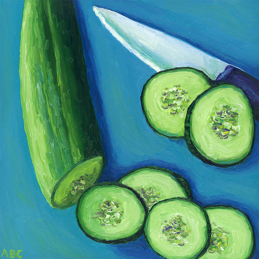 Fine art print of Cutting Cucumbers oil painting.
