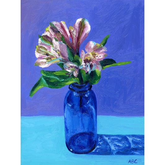 Fine art print of Flowers in Blue Bottle Oil Painting.