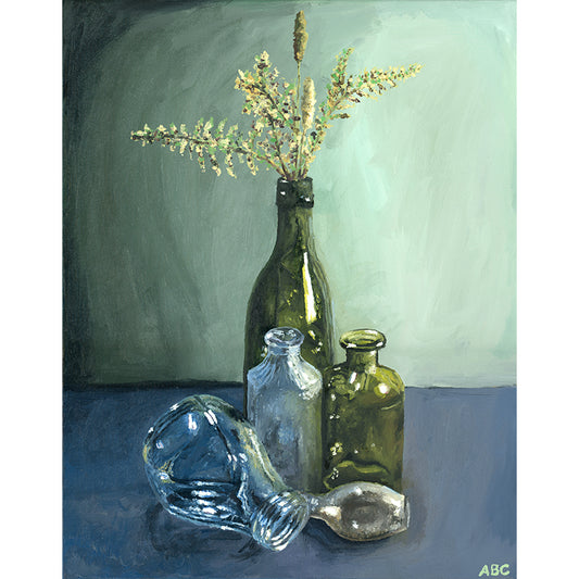 Original oil painting of Glass Bottles with grass.