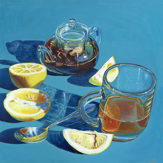Original oil painting of glass tea set with lemons.