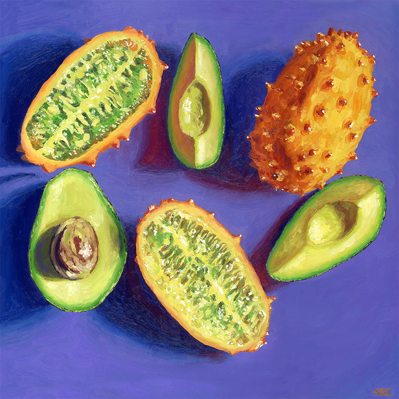 fine art print of oil painting of horned melons and avocados on a purple background