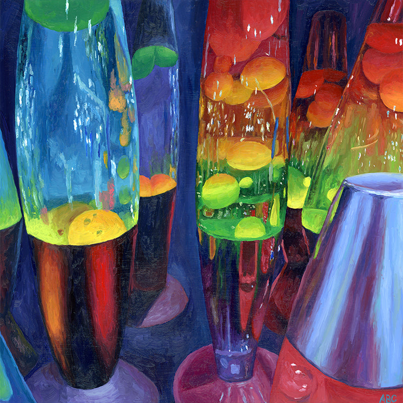 Original oil painting of colorful lava lamps.