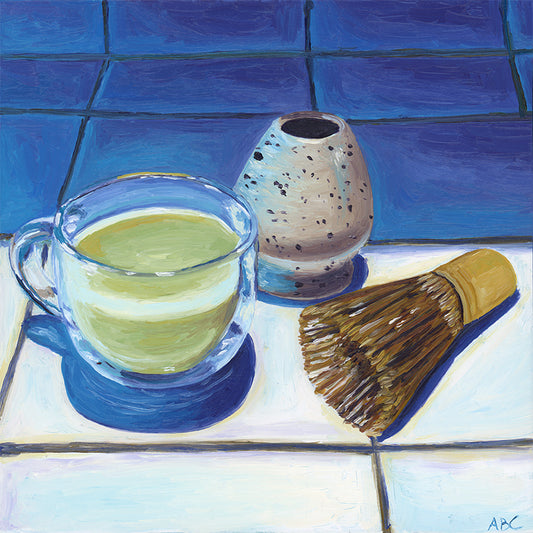 Original oil painting of Matcha green tea latte.