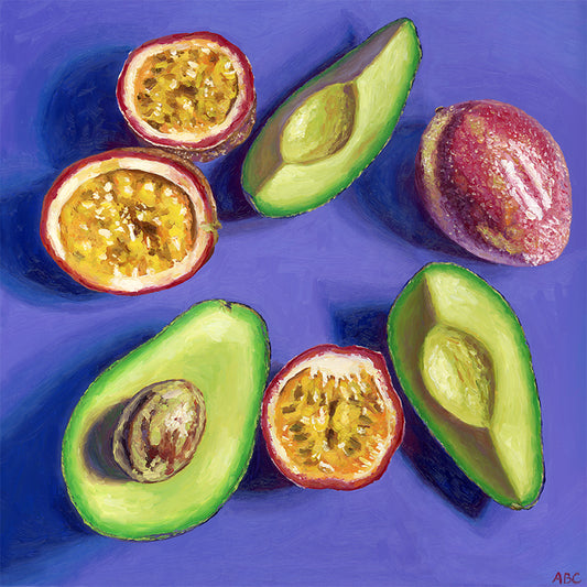 Original oil painting of Passion fruits and Avocados.