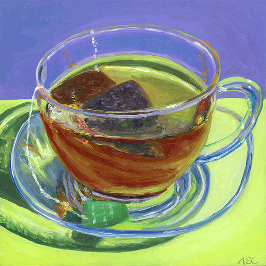 Original oil painting of glass tea cup and saucer.