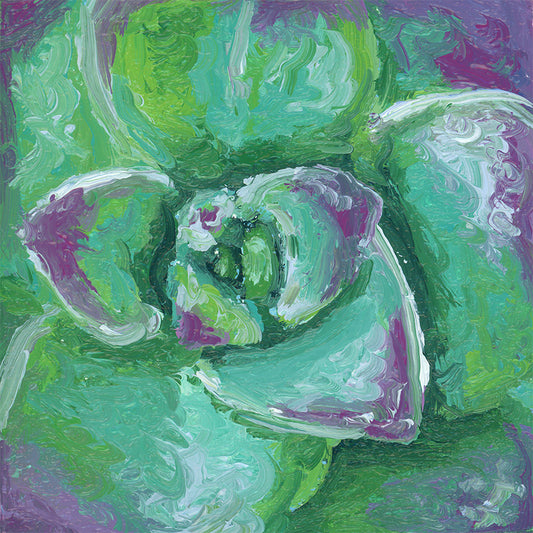 Teeny Pink Teal Succulent - 2x2 - oil on panel - magnet oil painting