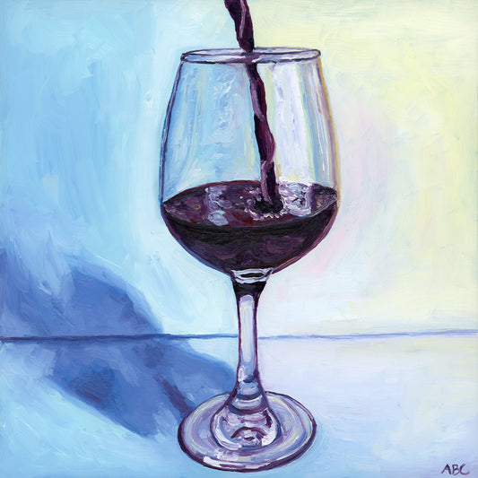 Original oil painting of red wine being poured into a wine glass.