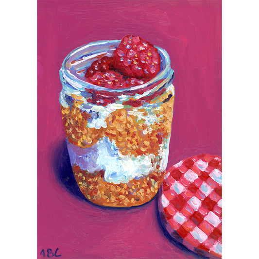 Fine art print of Raspberry Oatmeal Jar Oil Painting.