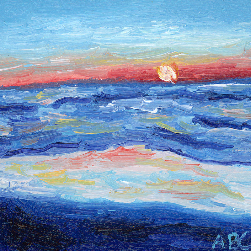 Teeny Beach Sunset - 2x2 - oil on panel - magnet oil painting