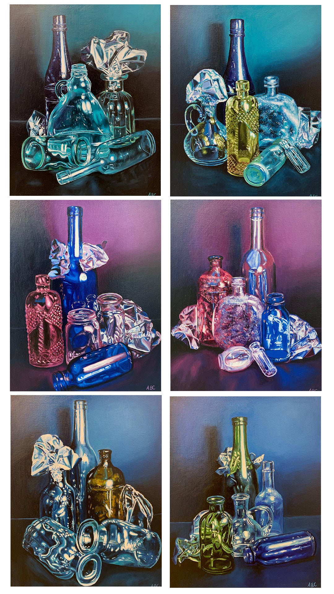 Senior project series of 6 colorful still life arrangements of glass objects