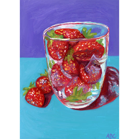 Original oil painting of strawberries in a glass cup.