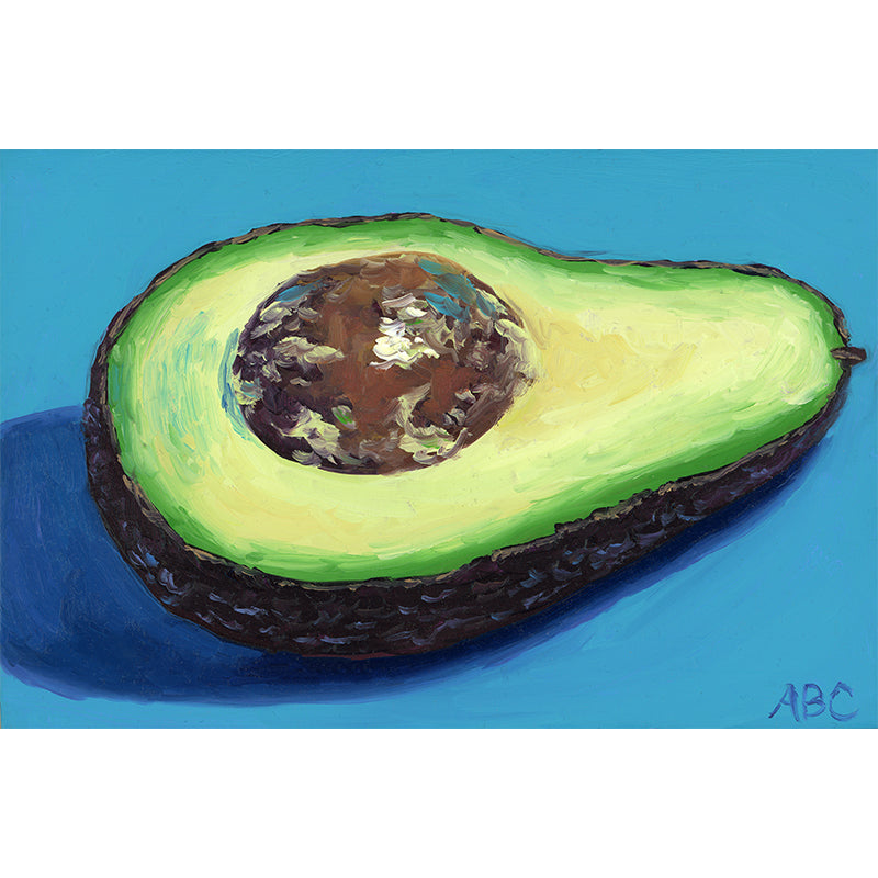 fine art print of oil painting of half of an avocado on a turquoise background