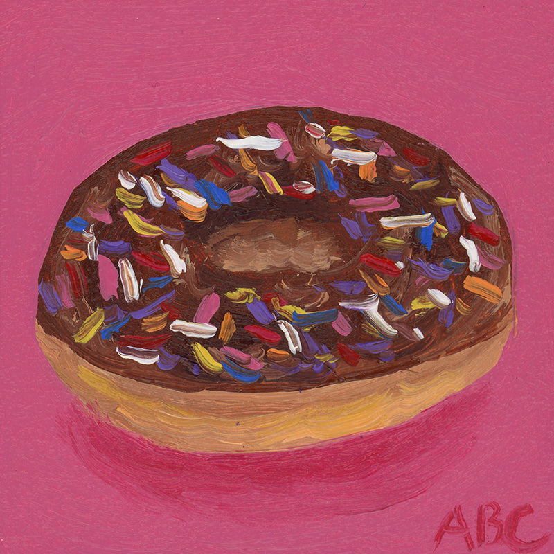 Original oil painting of a little chocolate donut.