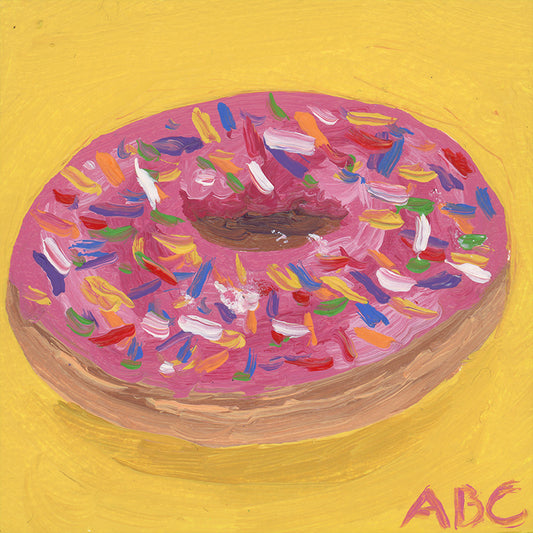 Teeny Yellow Pink Donut - 2x2 - oil on panel - magnet oil painting