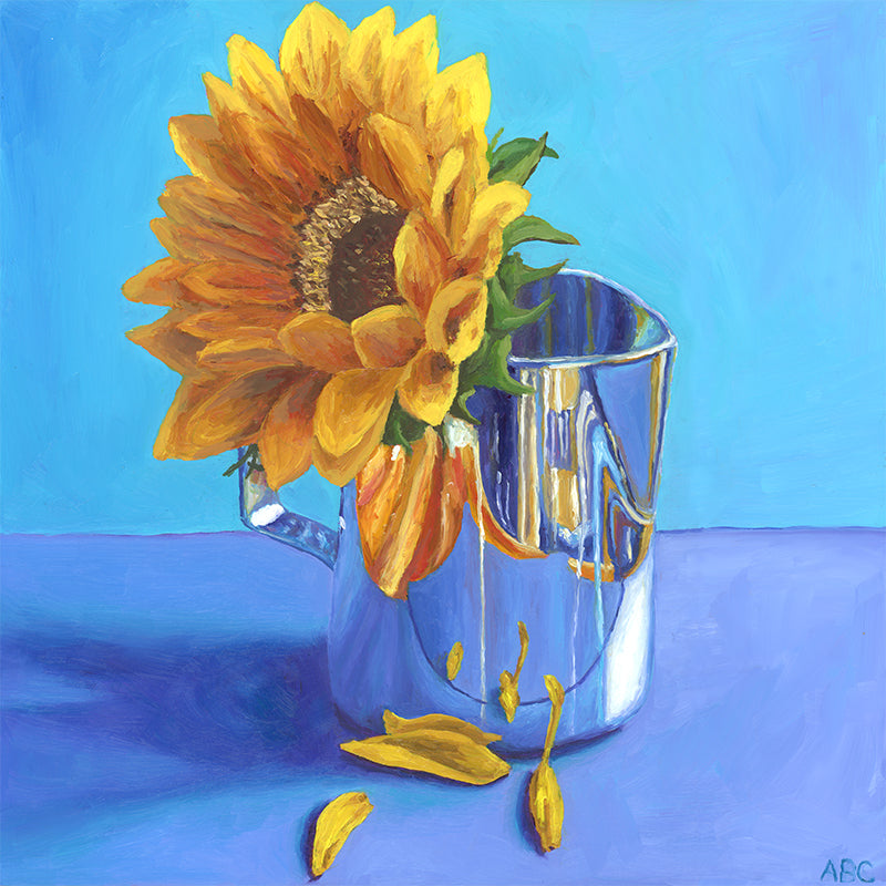Original oil painting of sunflower in a tin cup.