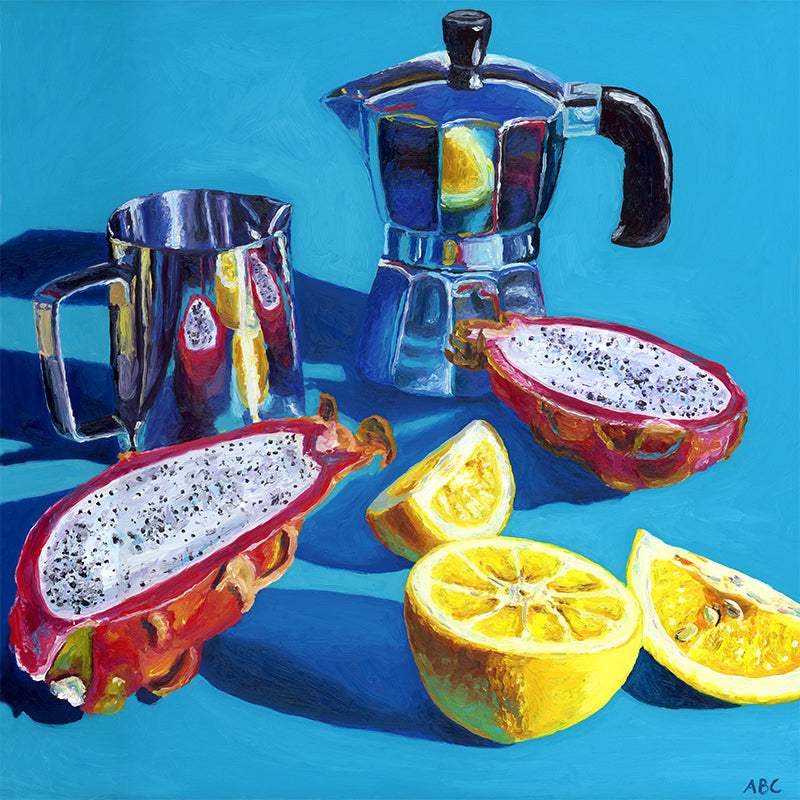 Original oil painting of mocha pot with colorful fruits.