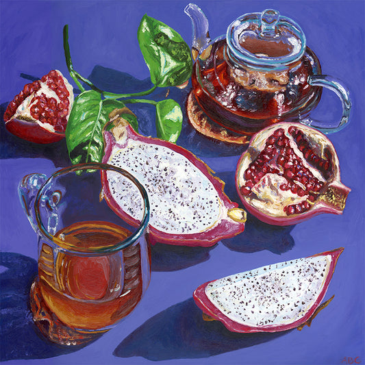 Original oil painting of glass tea set with colorful fruits.