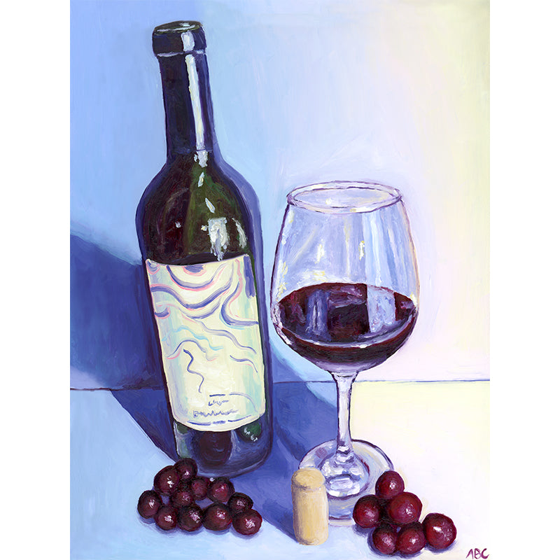 oil painting of red wine bottle and glass of red wine